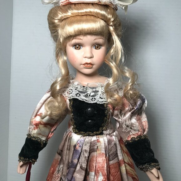 Share Vintage 90s Blonde Curly Hair Victorian Dress Doll 18 Inches with Stand - Picture 2 of 7